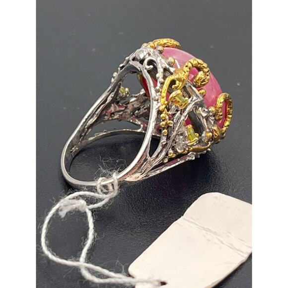 Sterling Silver Vermeil Large Ruby Cabochon Peridot Cocktail Ring Sz 8.25 - Picture 6 of 8